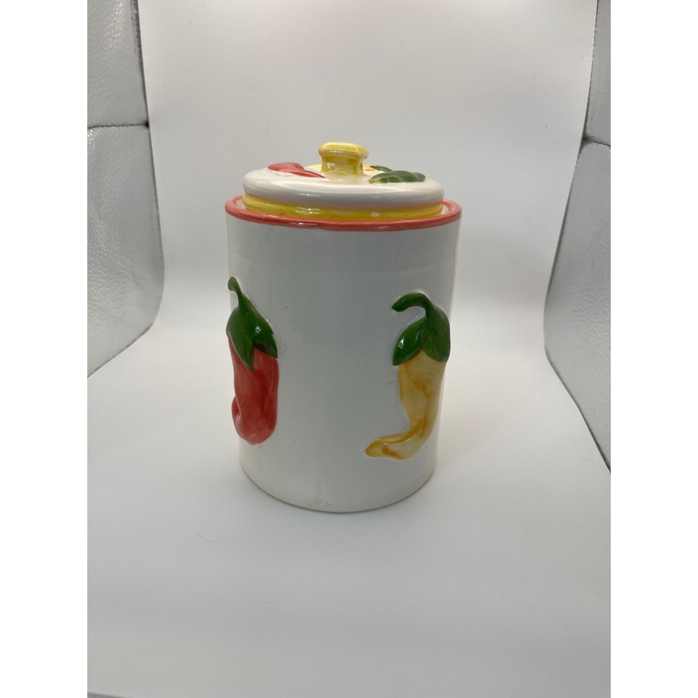Sap trading co, Chili Pepper Kitchen Canister 3D Raised Relief White Jar 7in vnt